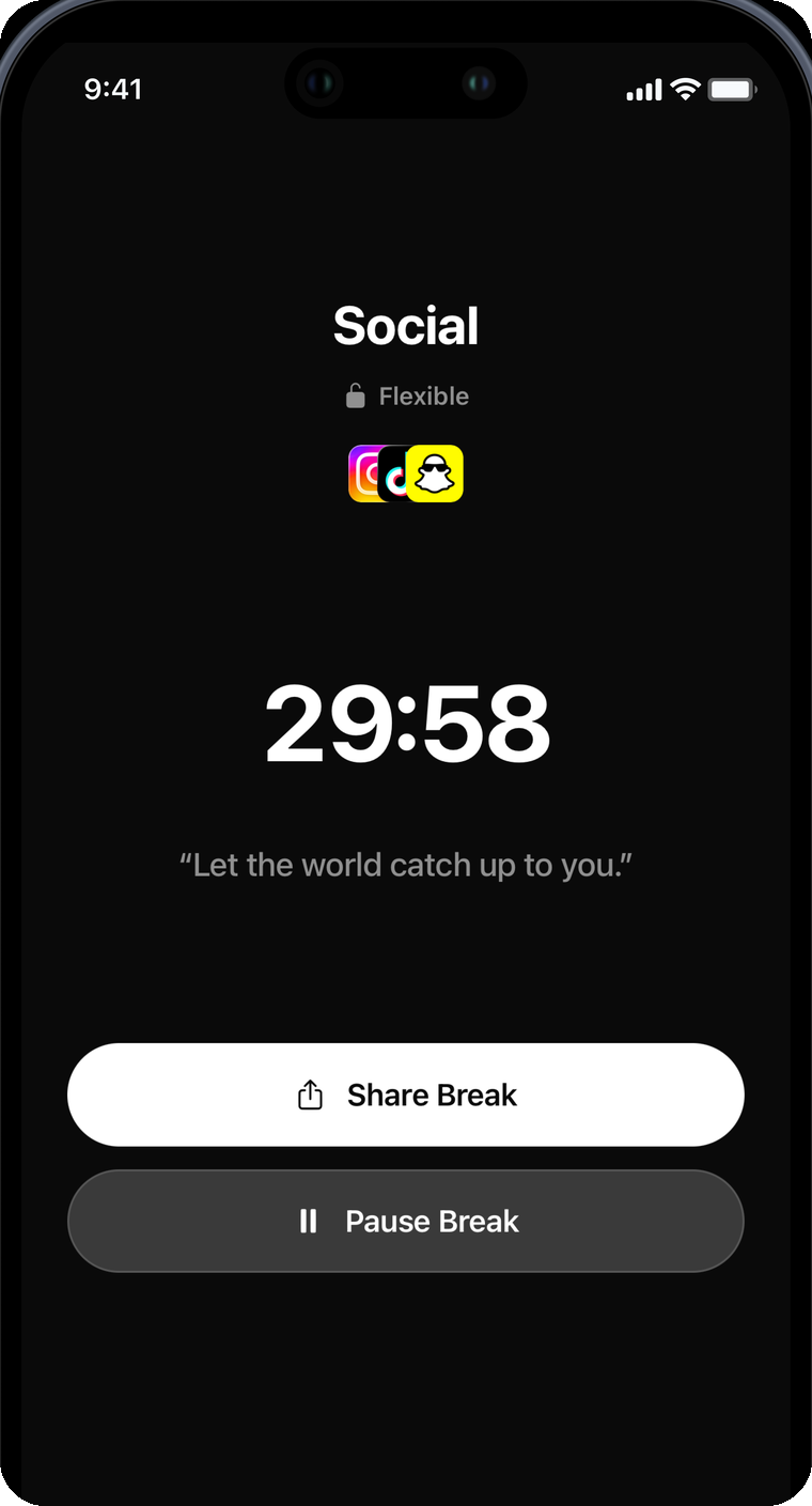 BreakOff active break screen with Social apps blocked