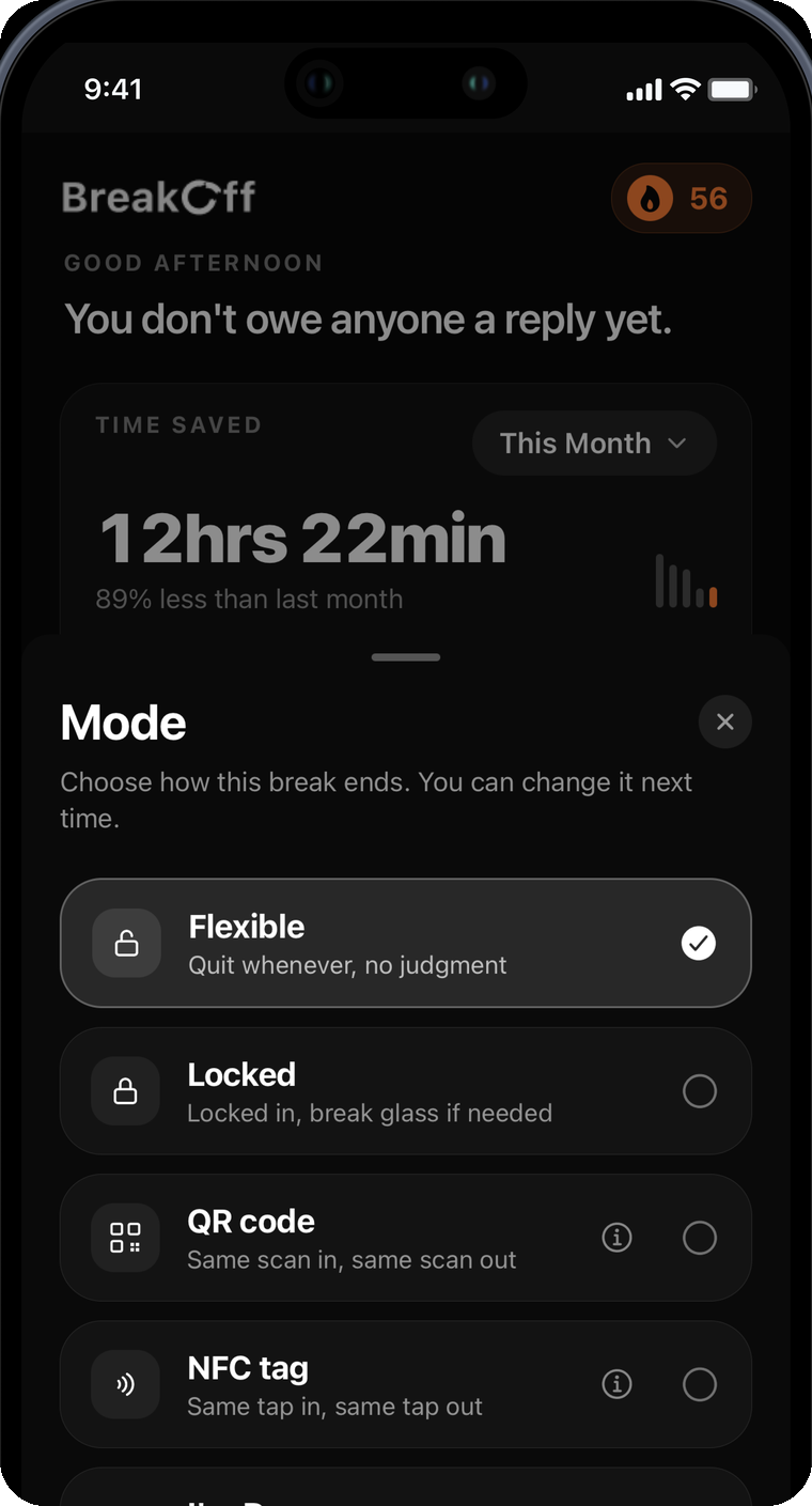 BreakOff mode picker showing the five break modes