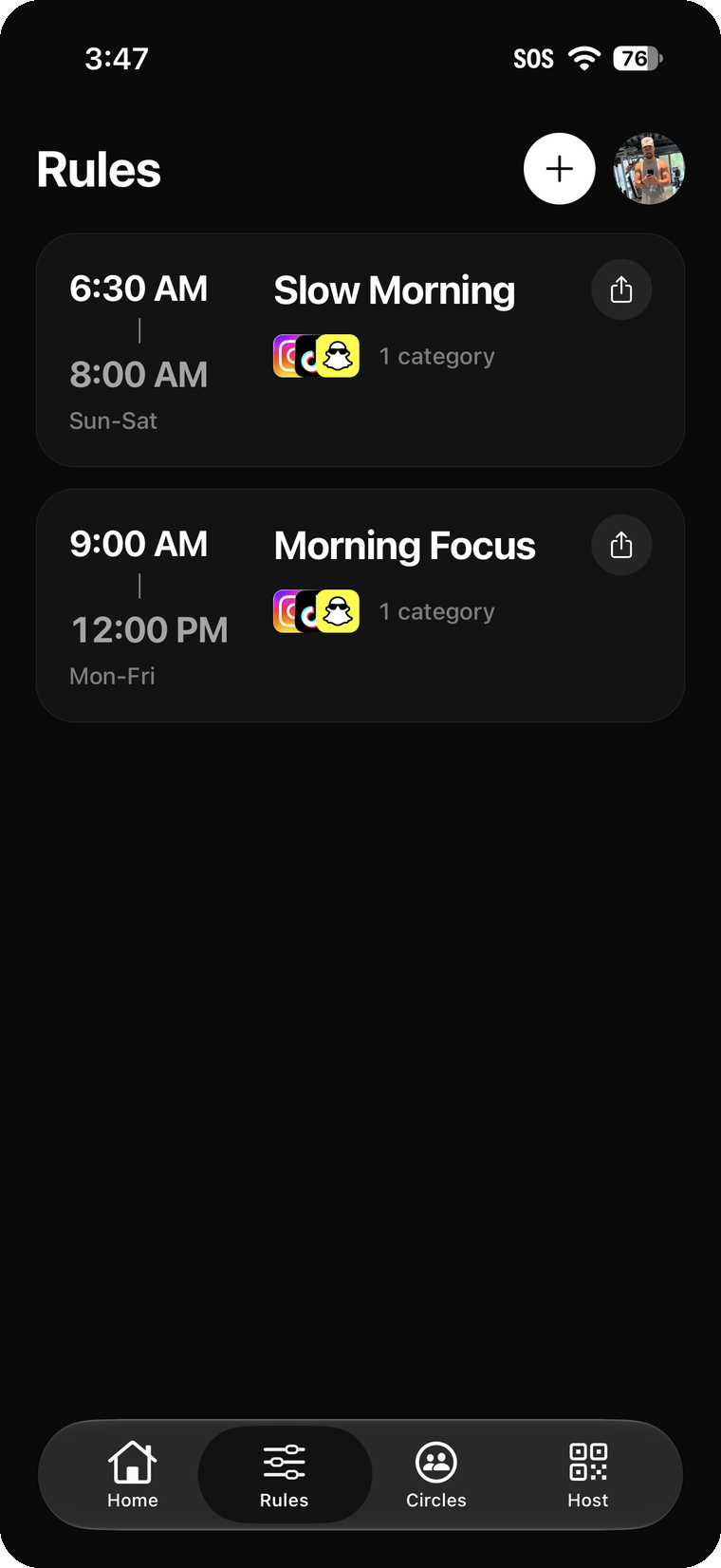 Routines in BreakOff, showing Slow Morning and Morning Focus